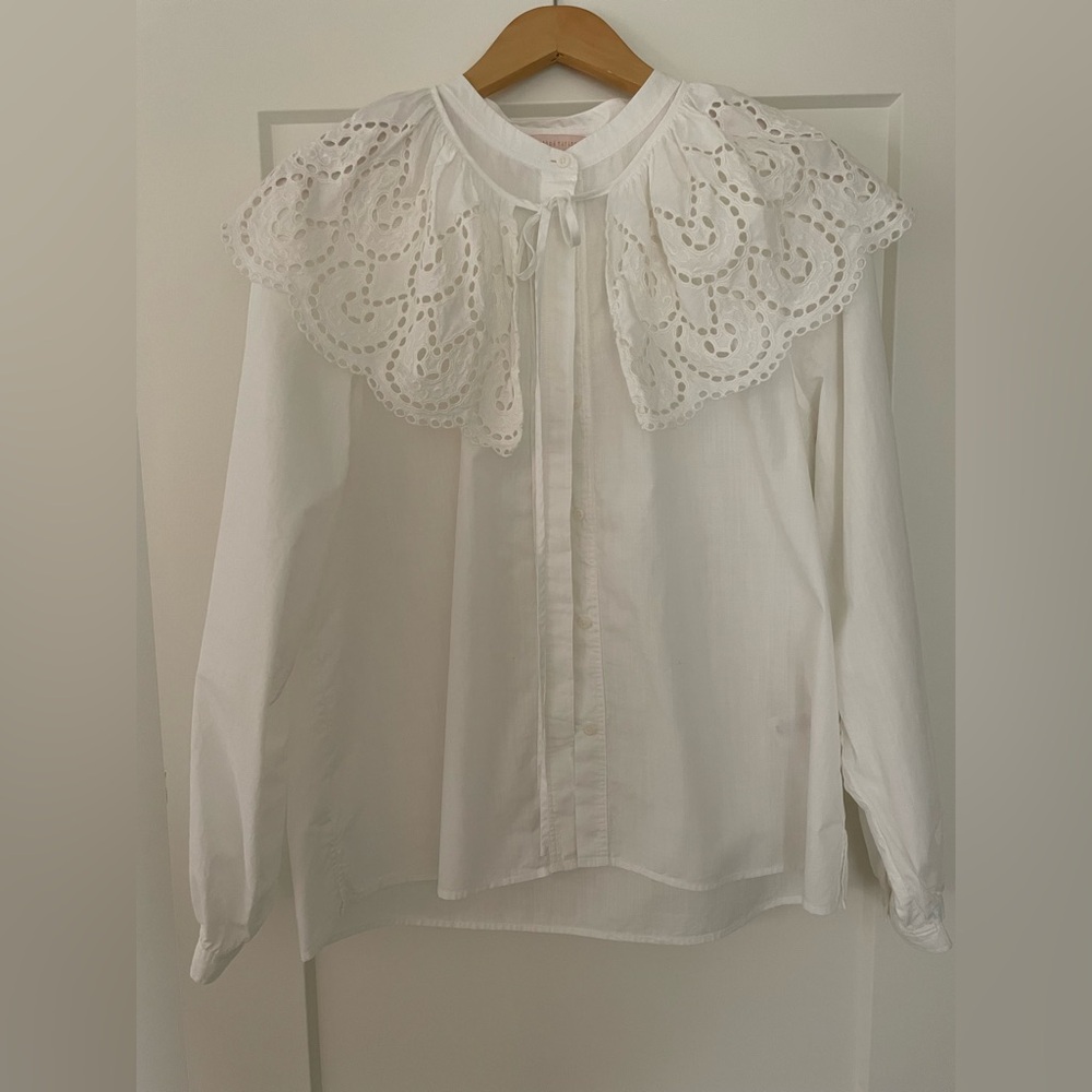 Rebecca Taylor Cotton Eyelet Cape Collar Blouse, White, Size Large